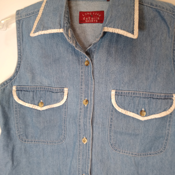 Chambray button up sleeveless shirt w/ satin trim - Picture 3 of 6